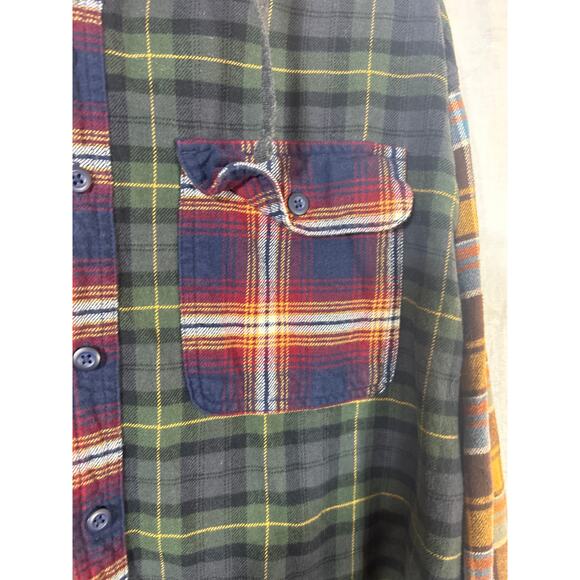 American Eagle Flannel Button Up Large Blue Green Patchwork Plaid Hood - Picture 4 of 9